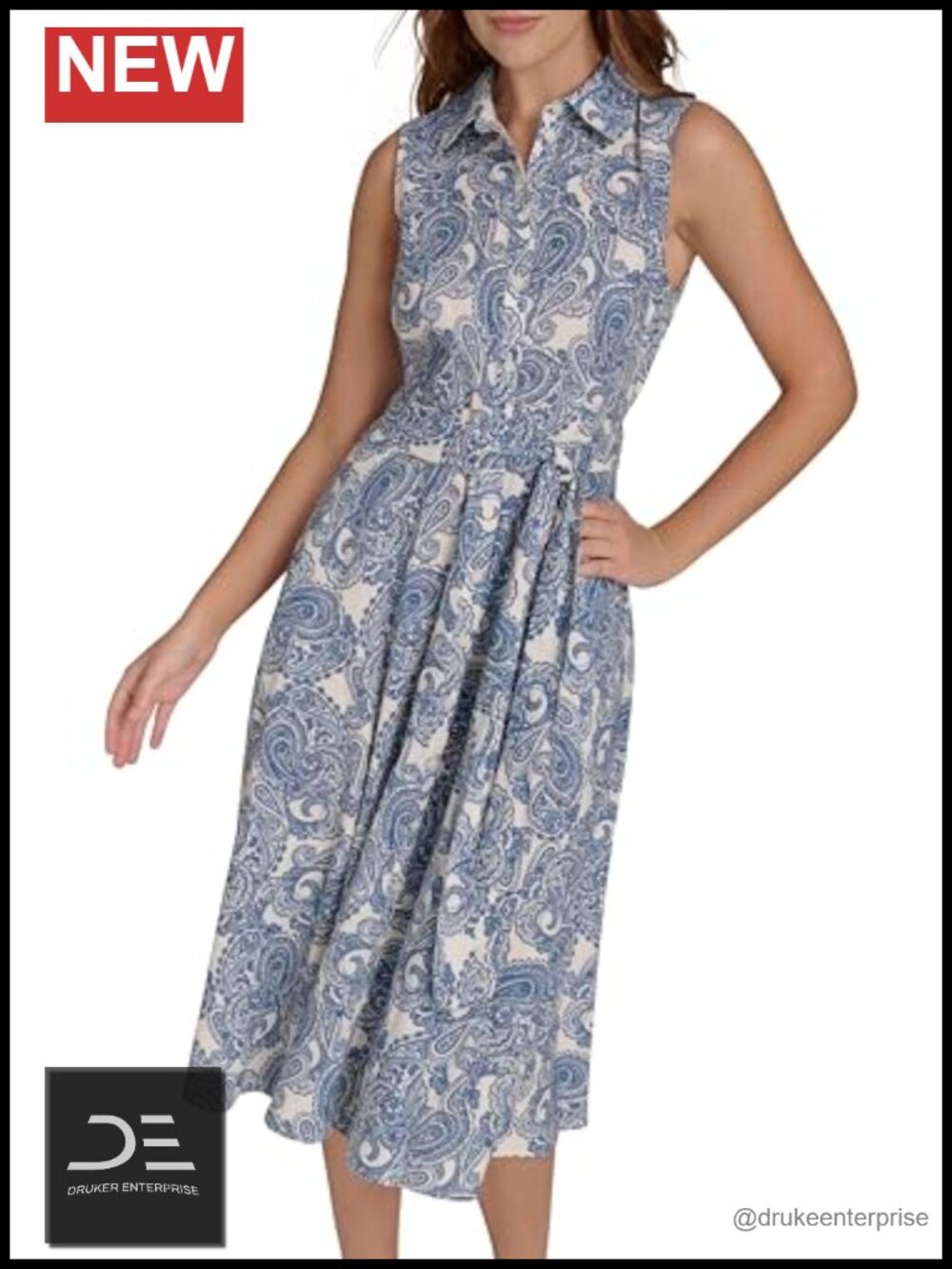 Sleeveless Collared Button Front Tie Waist Midi Shirt Dress